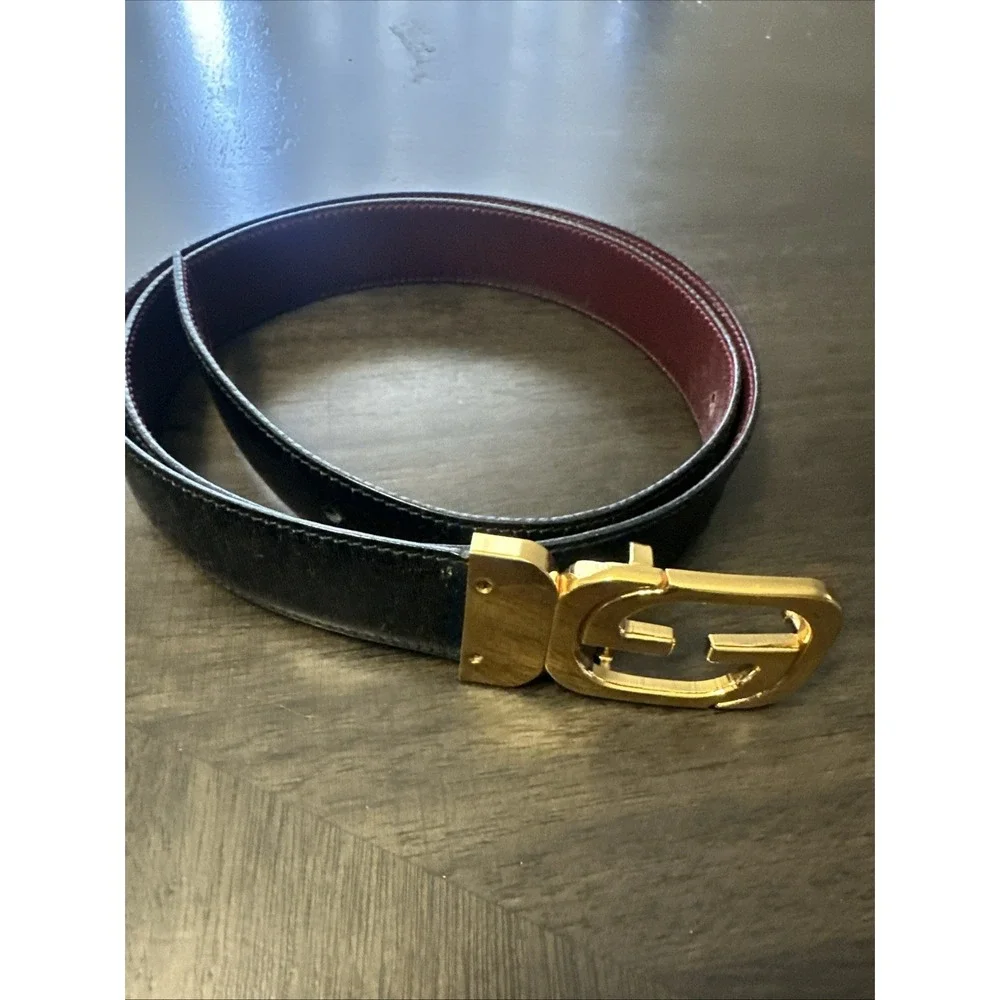 VINTAGE 1970's GUCCI Reversable Black And Red Leather Gold G Buckle Belt
